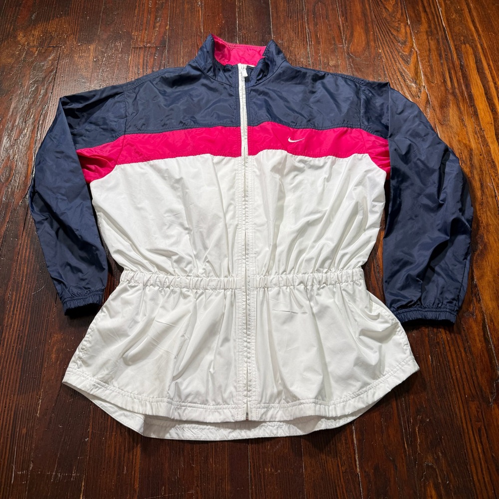 Vintage Nike Jacket Womens XL Blue White Pink Colorblock Windbreaker Cinch Waist